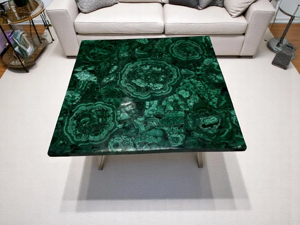 Green Marble Square Table - Custom Made Malachite Ovarlay Handmade Work